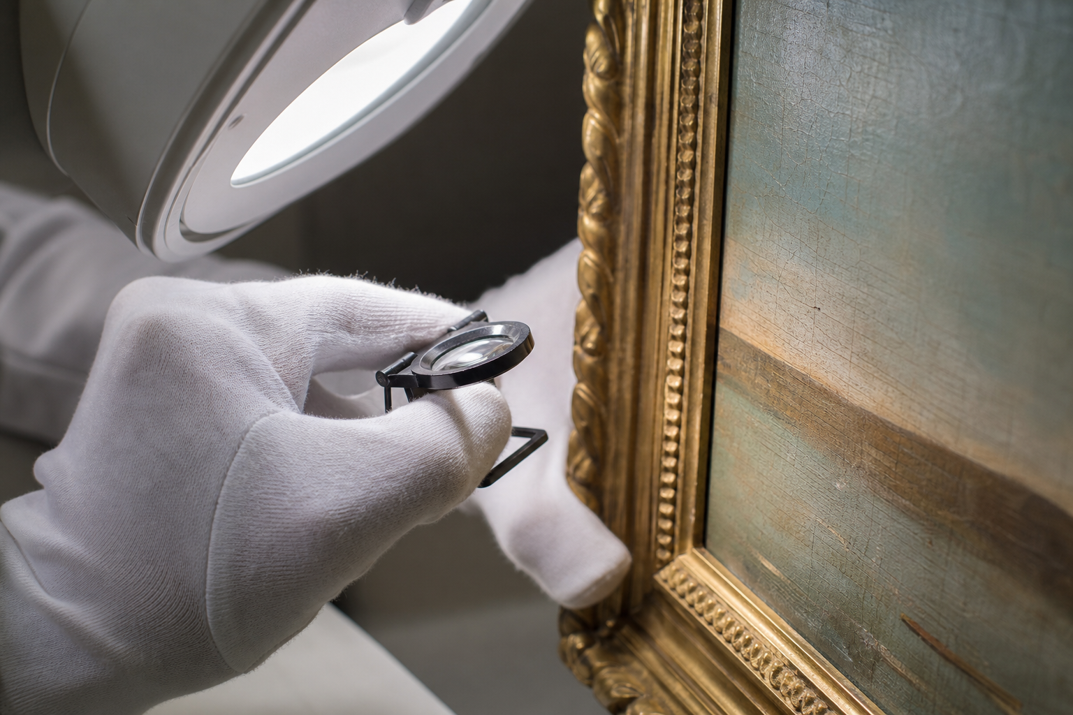 Examen d'une œuvre avec loupe, gants et lampe d'inspection