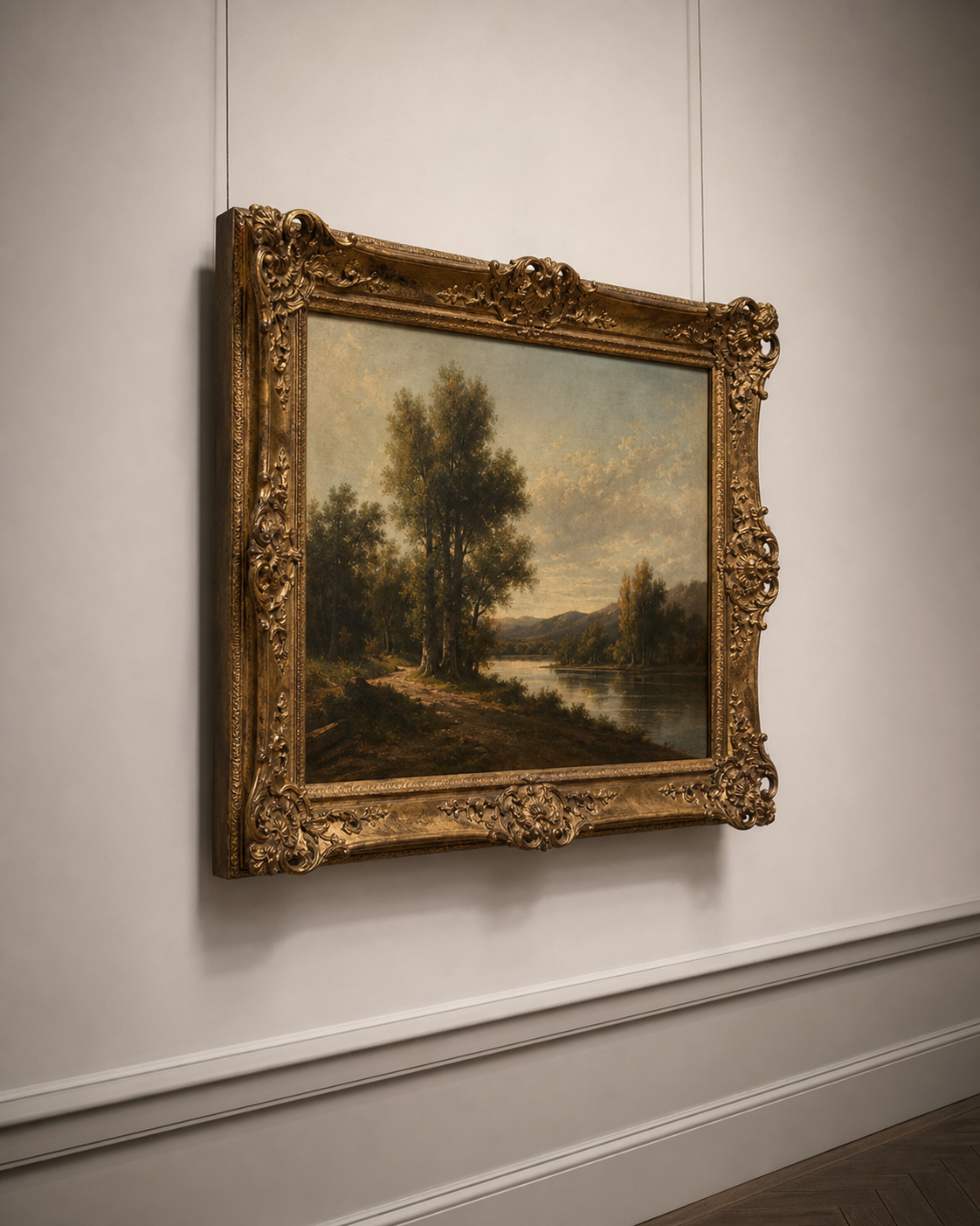 Tableau ancien encadré présenté sur une cimaise