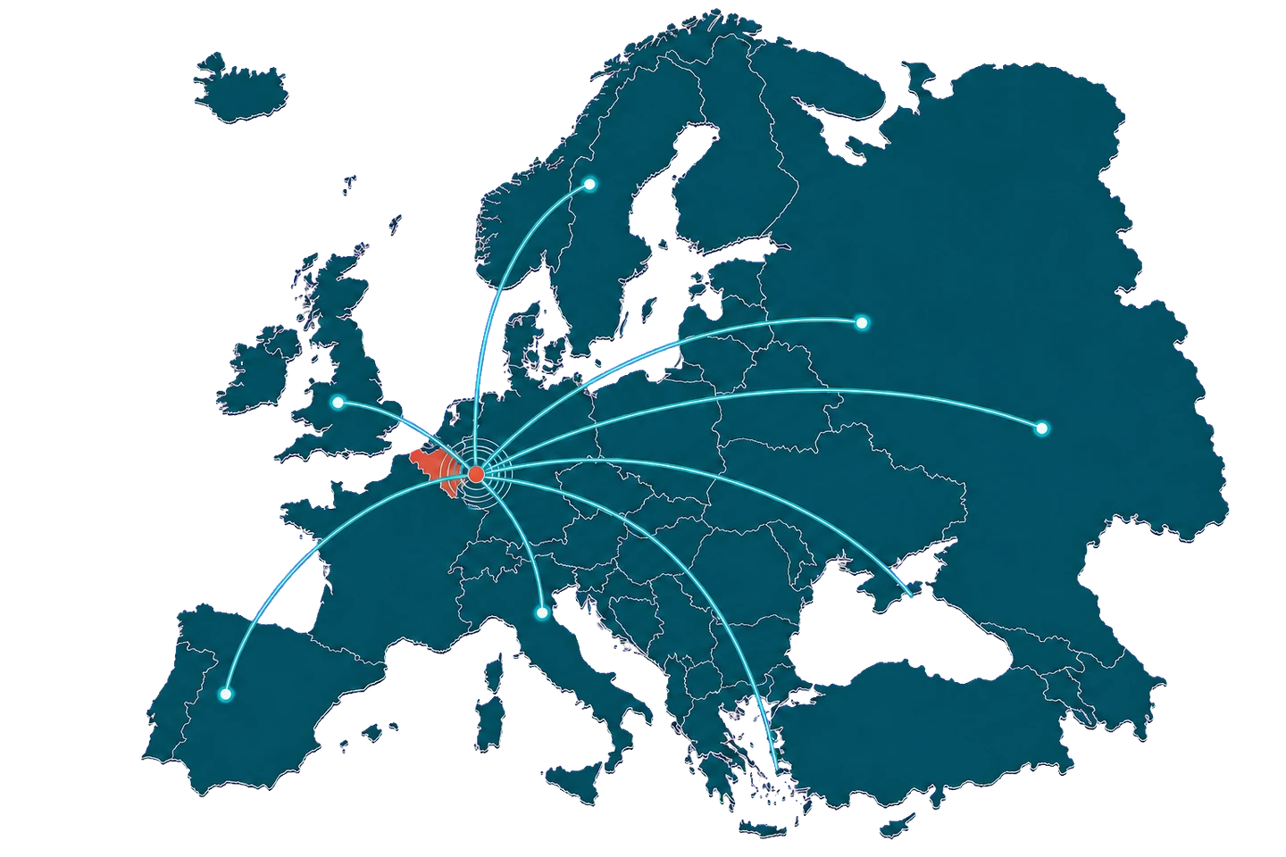 Carte de l'Europe montrant la Belgique comme point de coordination vers plusieurs pays
